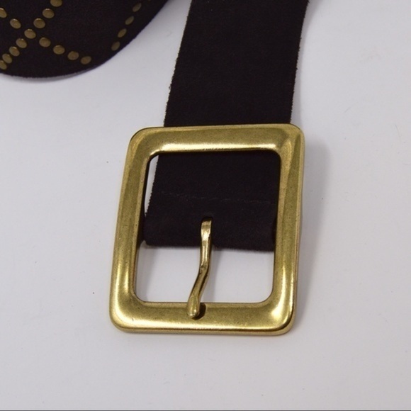 Rich Brown Soft Leather Bronze Stud Belt with Square Gold Tone Buckle - Picture 2 of 7